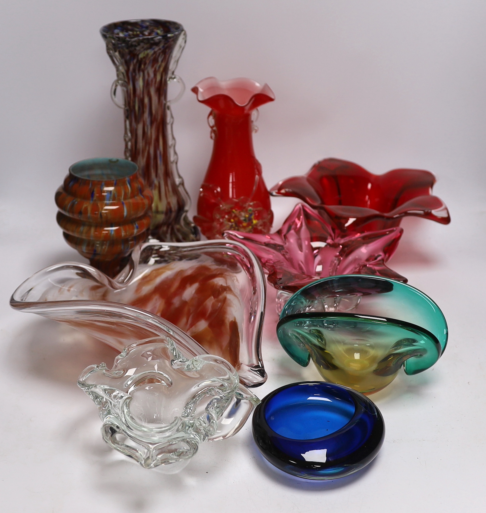 Nine pieces of Murano glassware to include a leaf design dish and three vases, largest 31cm high